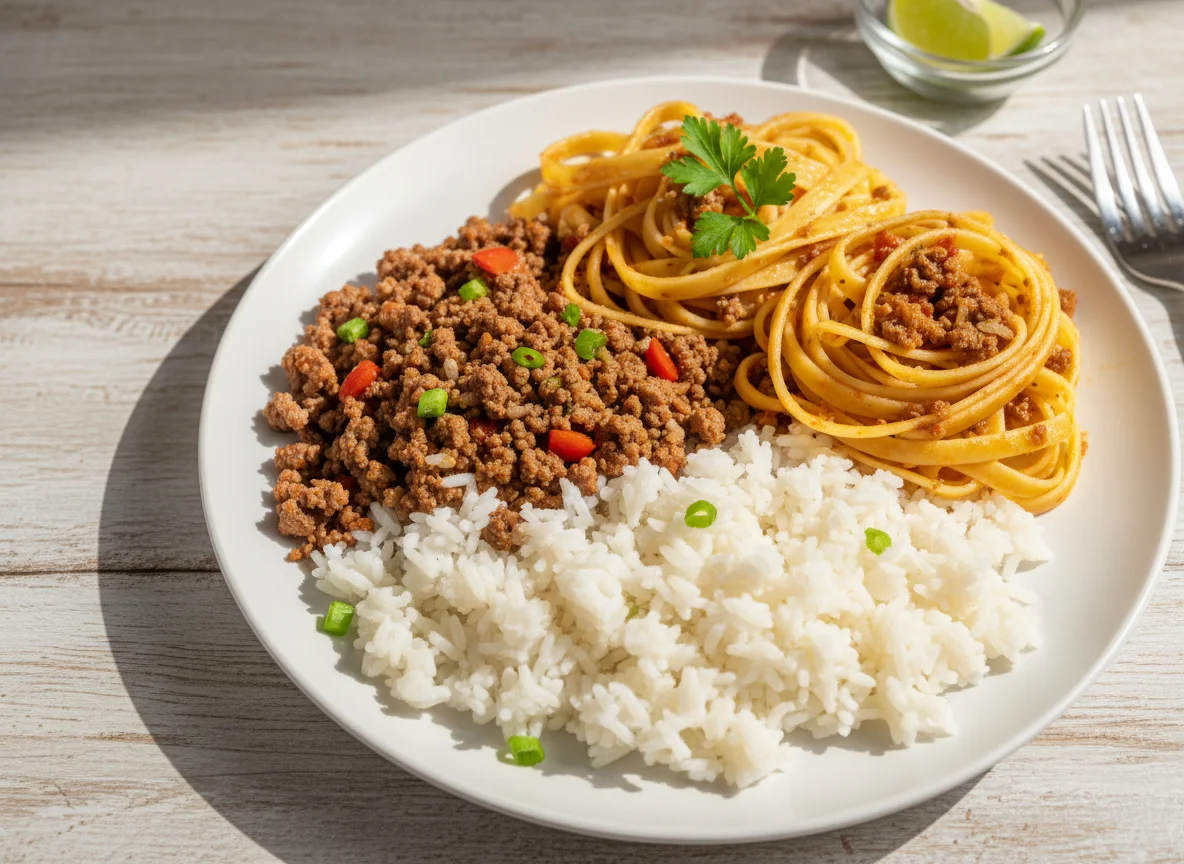 Arroz com carne moída e macarrão photo