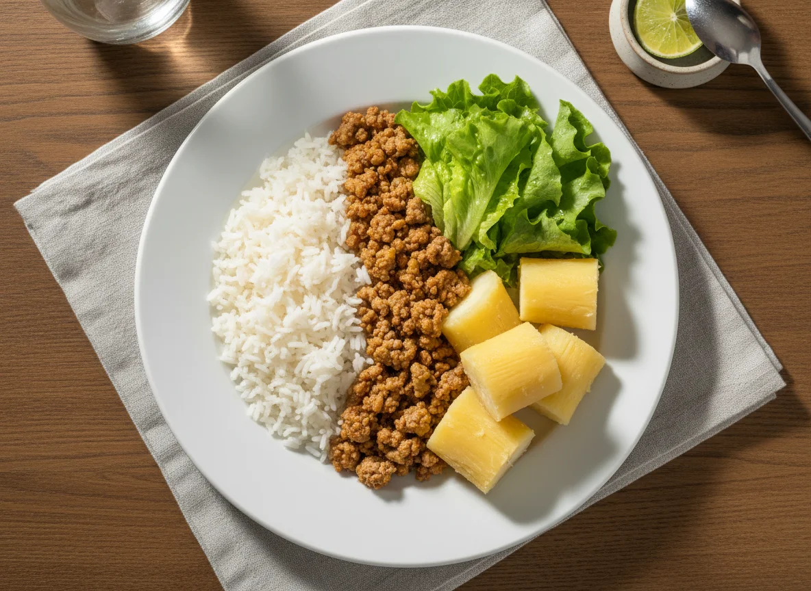 Arroz com carne moída e mandioca photo
