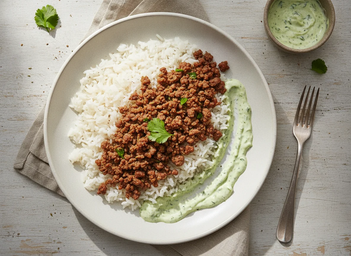 Arroz com Carne Moída e Molho Verde photo