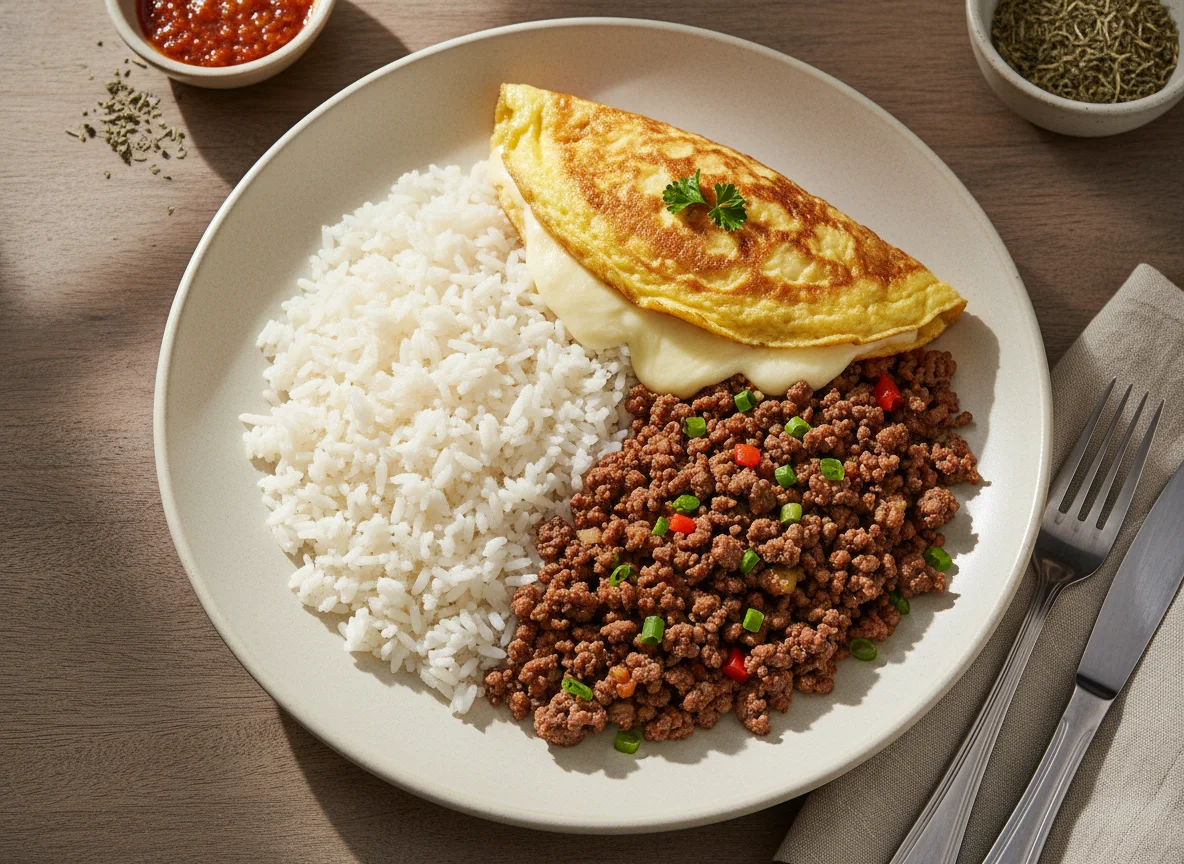 Arroz com carne moída e omelete photo