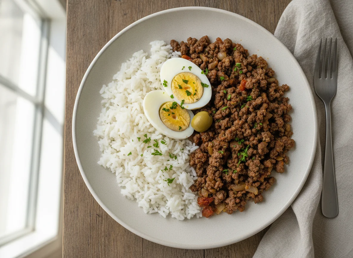 Arroz com carne moída e ovo cozido photo