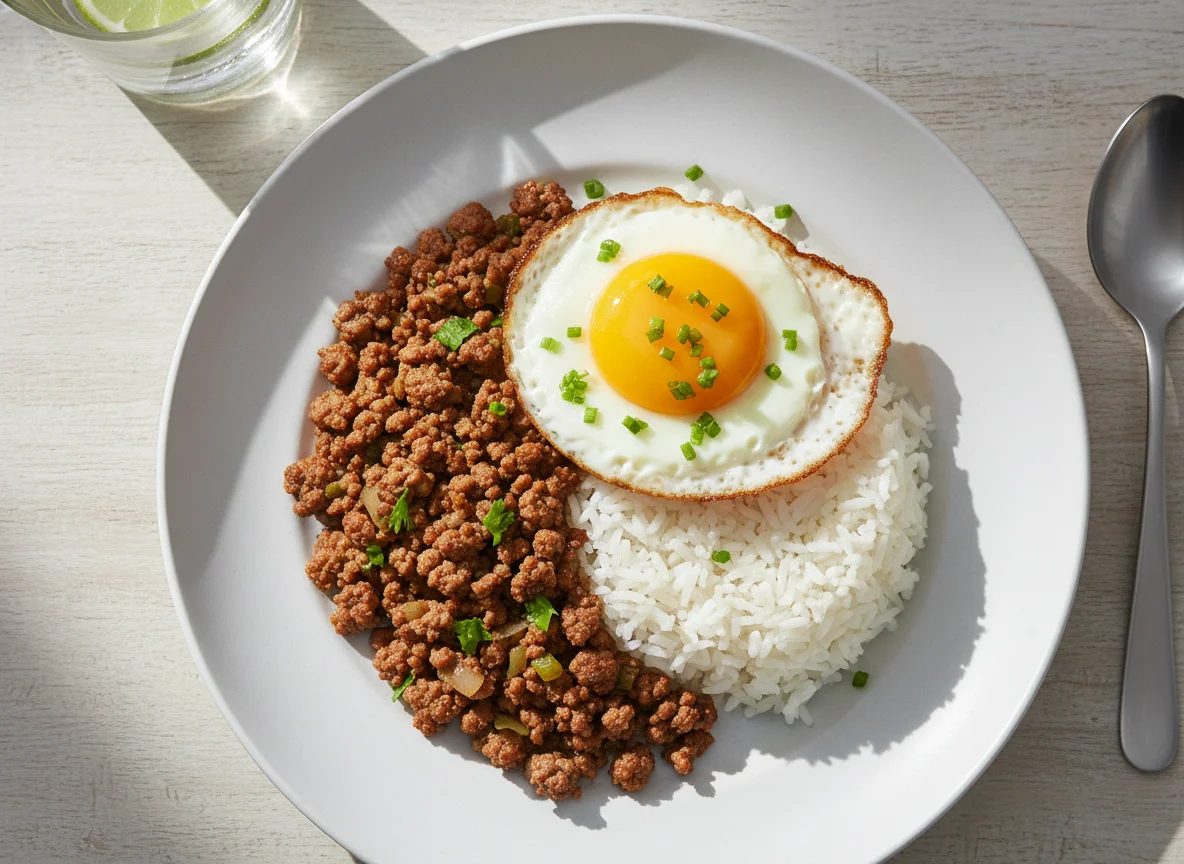 Arroz com carne moída e ovo frito photo