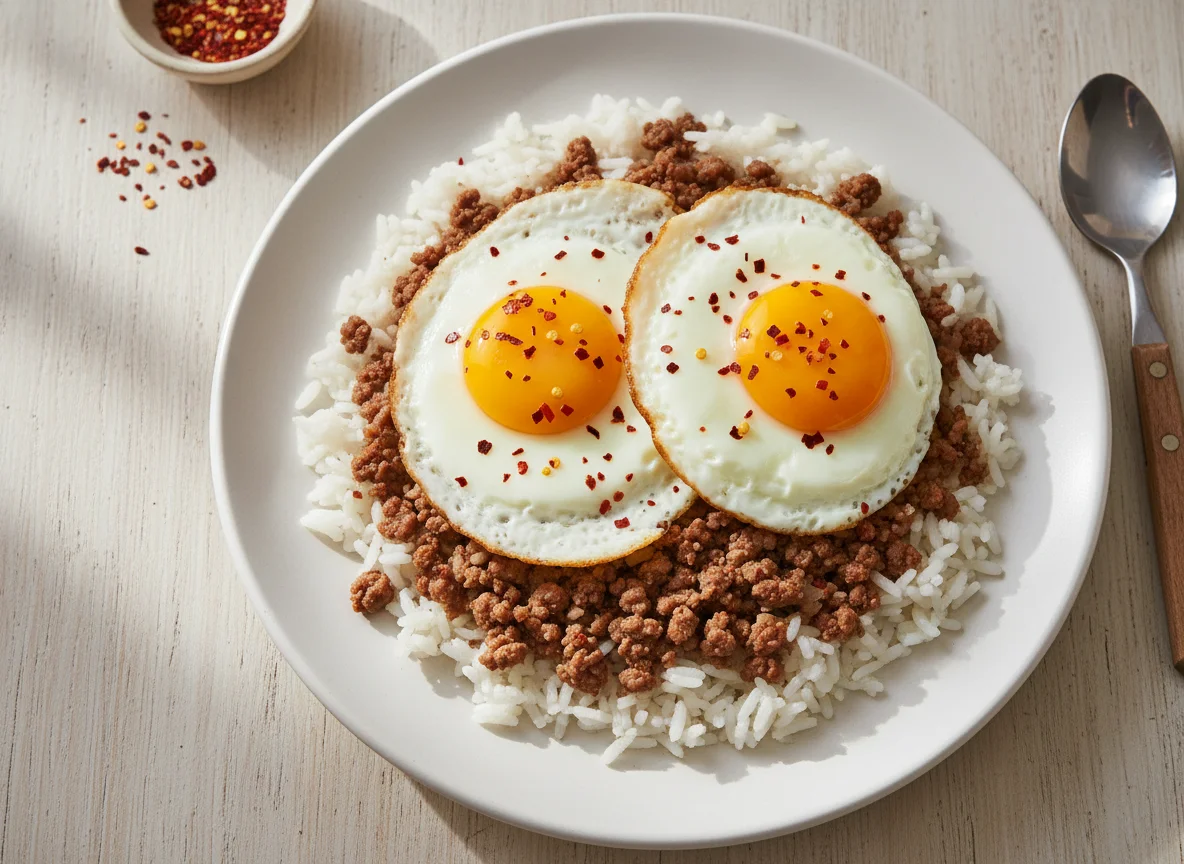 Arroz com carne moída e ovos photo