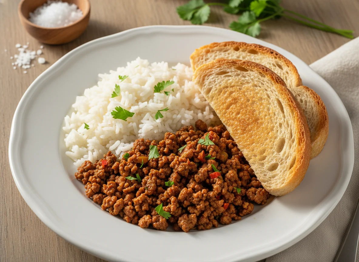 Arroz com carne moída e pão photo