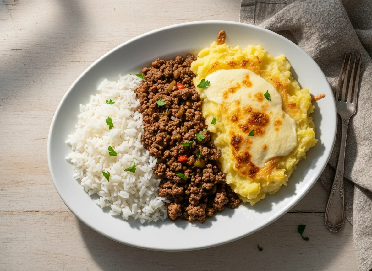 Arroz com carne moída e purê de batata gratinado photo