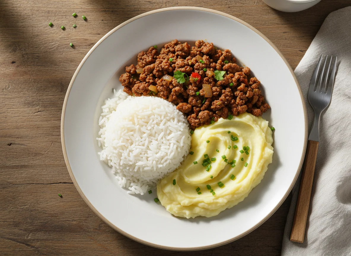 Arroz com Carne Moída e Purê de Batata photo