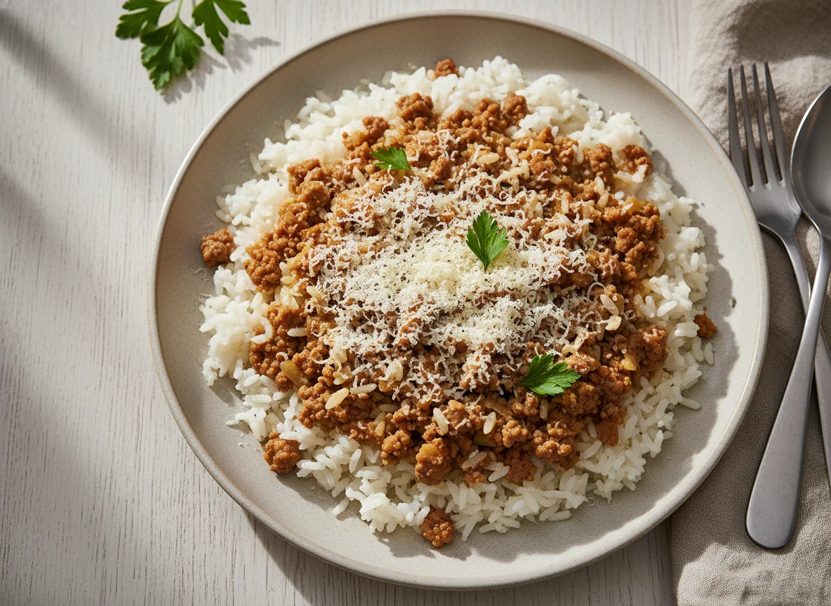 Arroz com carne moída e queijo ralado photo