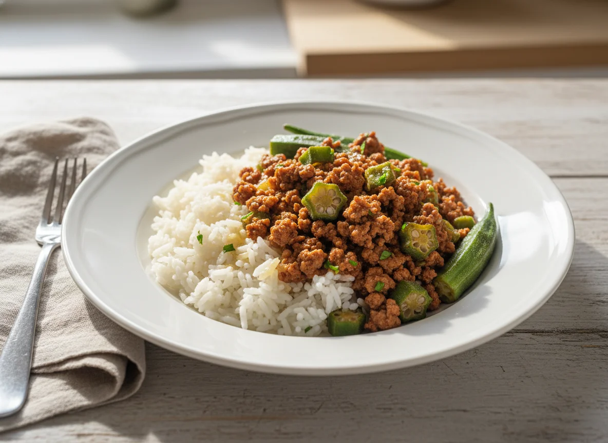 Arroz com carne moída e quiabo photo