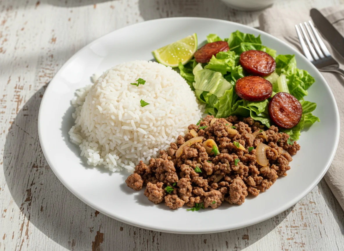 Arroz com carne moída e salada photo