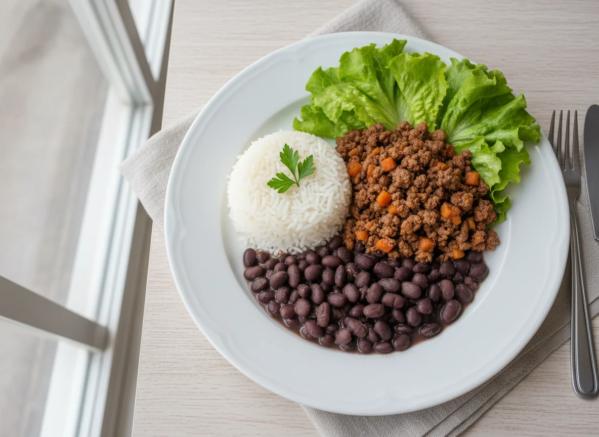 Arroz com carne moída e salada de alface photo