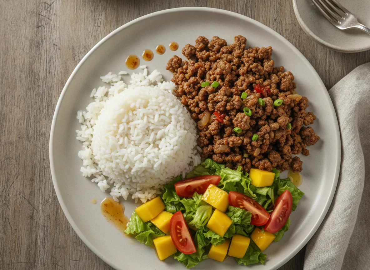 Arroz com carne moída e salada de manga photo