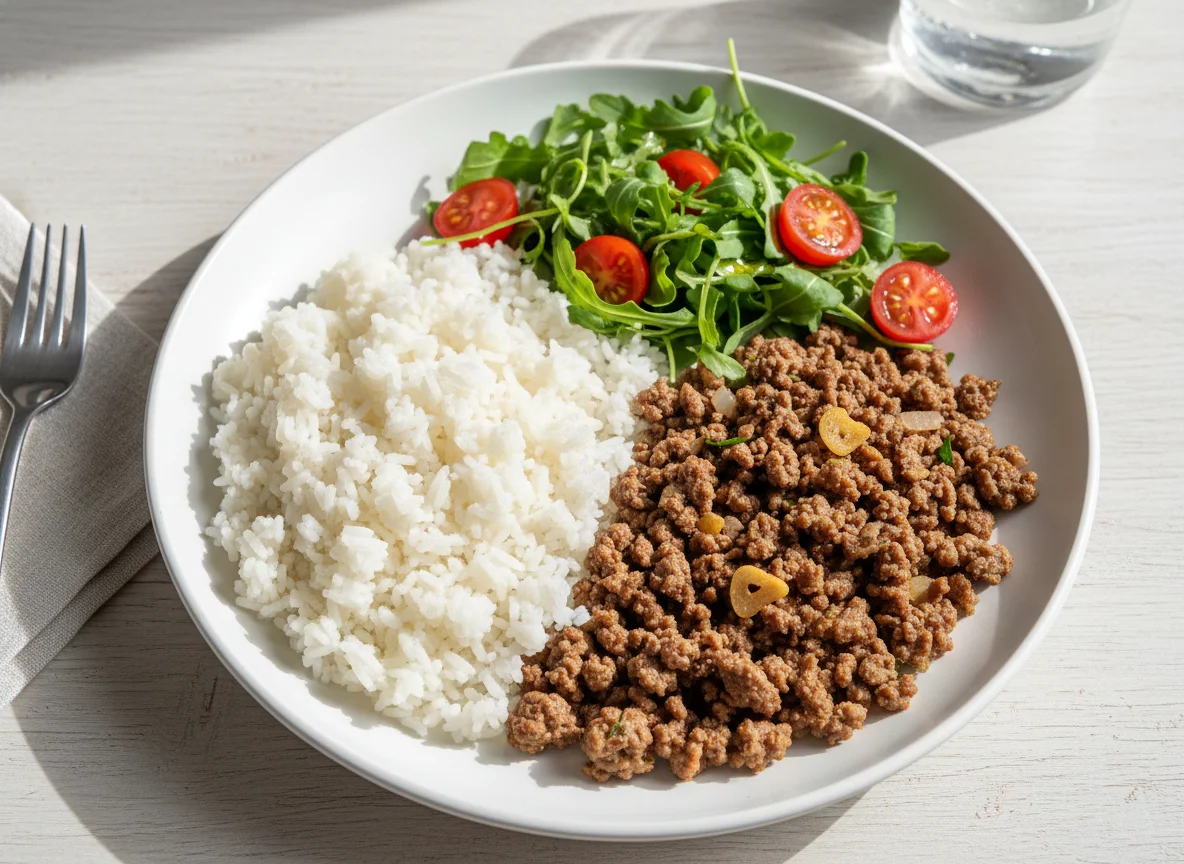 Arroz com Carne Moída e Salada de Microverdes photo