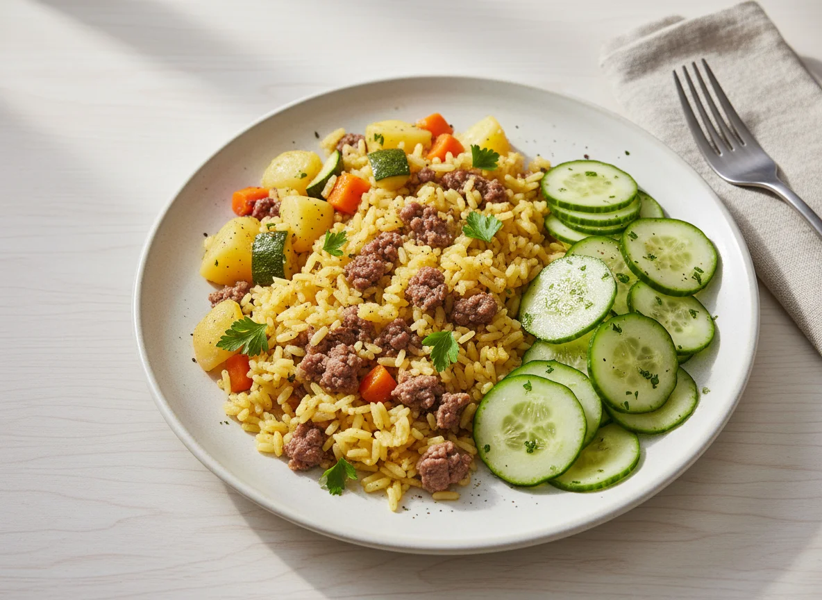 Arroz com carne moída e salada de pepino photo