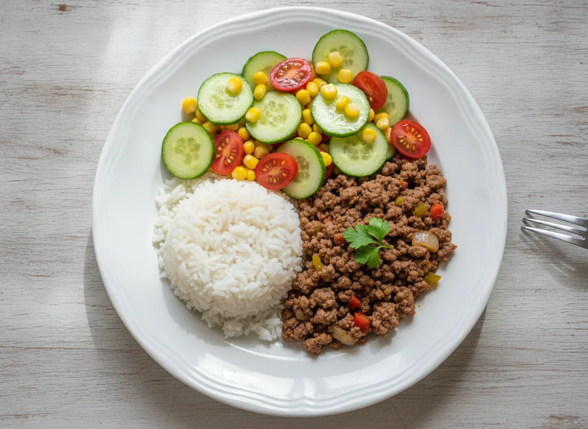 Arroz com carne moída e salada de pepino, tomate e milho photo