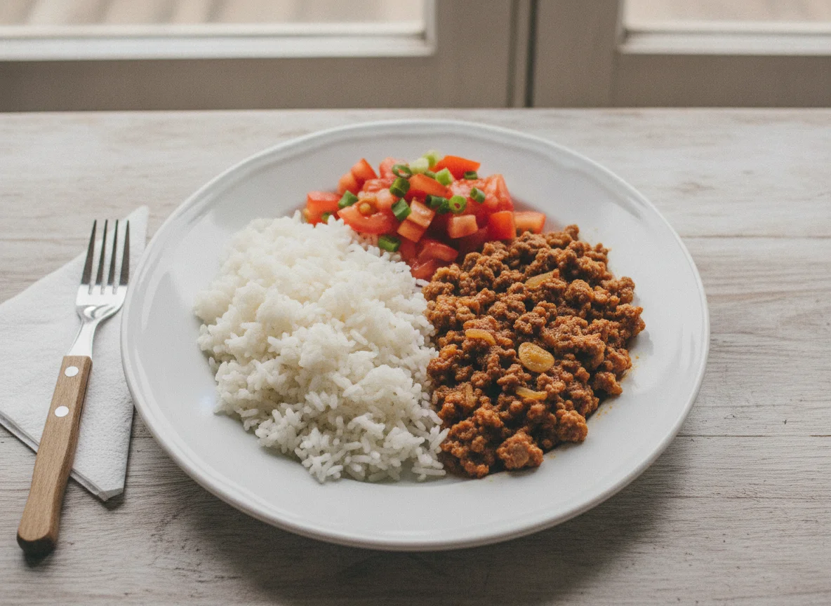 Arroz com carne moída e salada de tomate photo