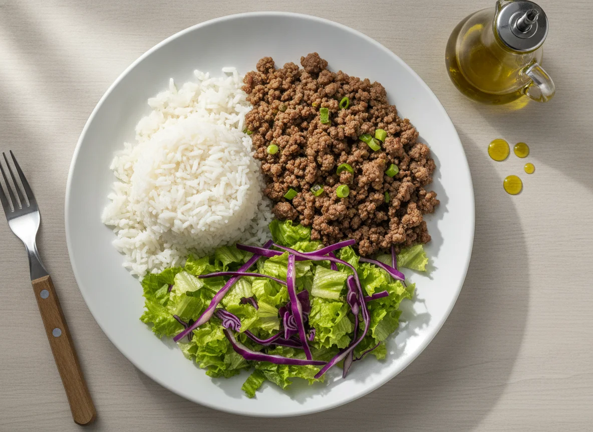 Arroz com carne moída e salada mista photo