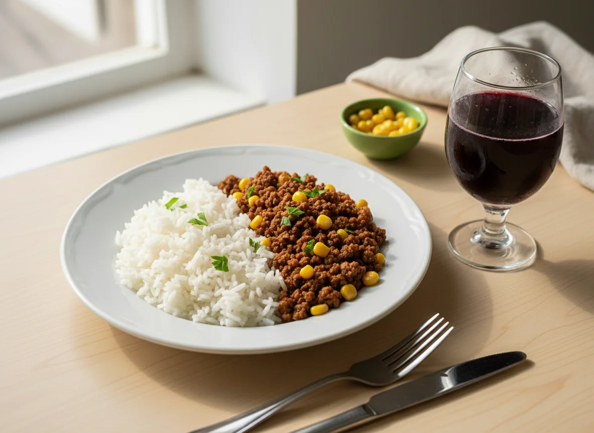 Arroz com carne moída e suco photo