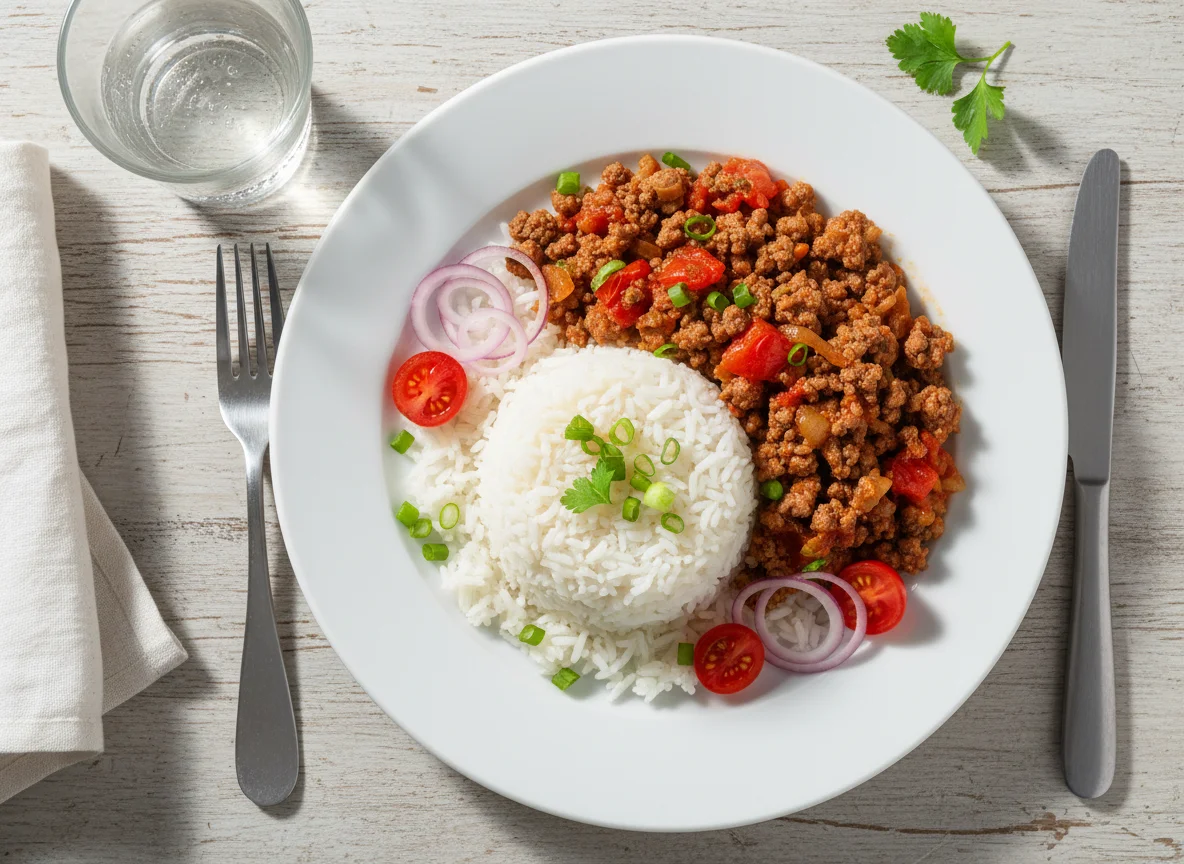 Arroz com carne moída e tomate photo