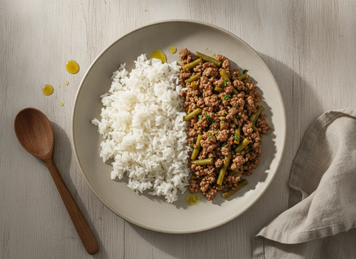 Arroz com carne moída e vagem photo