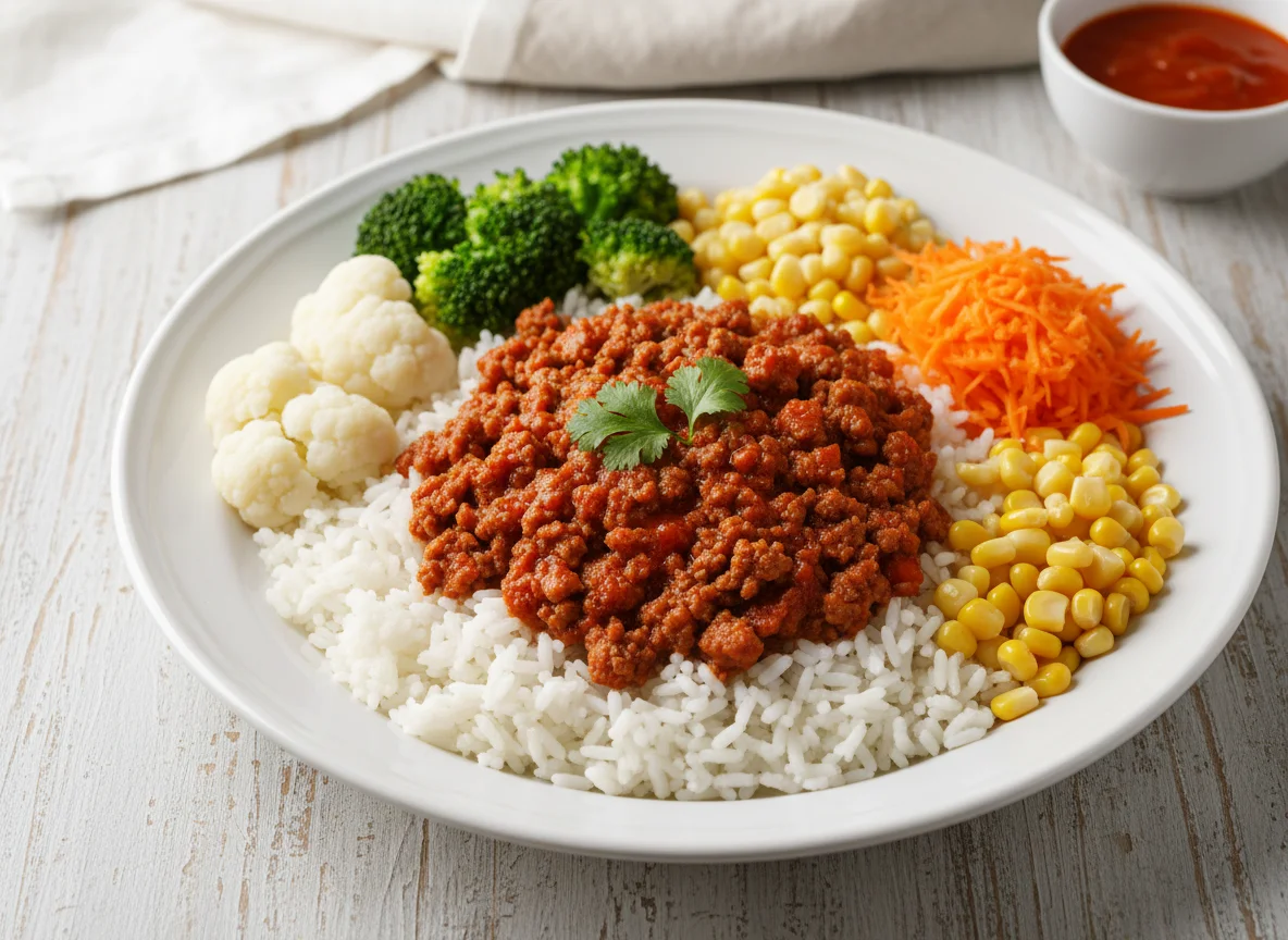 Arroz com carne moída e vegetais photo