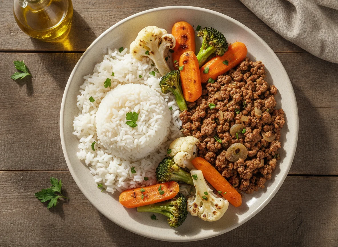 Arroz com Carne Moída e Vegetais Grelhados photo