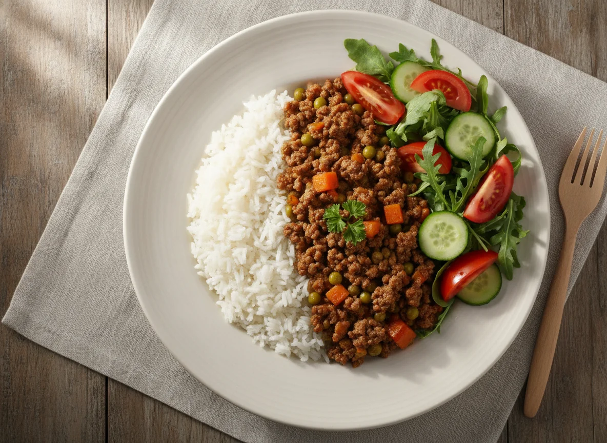 Arroz com Carne Moída, Ervilha, Cenoura e Salada photo