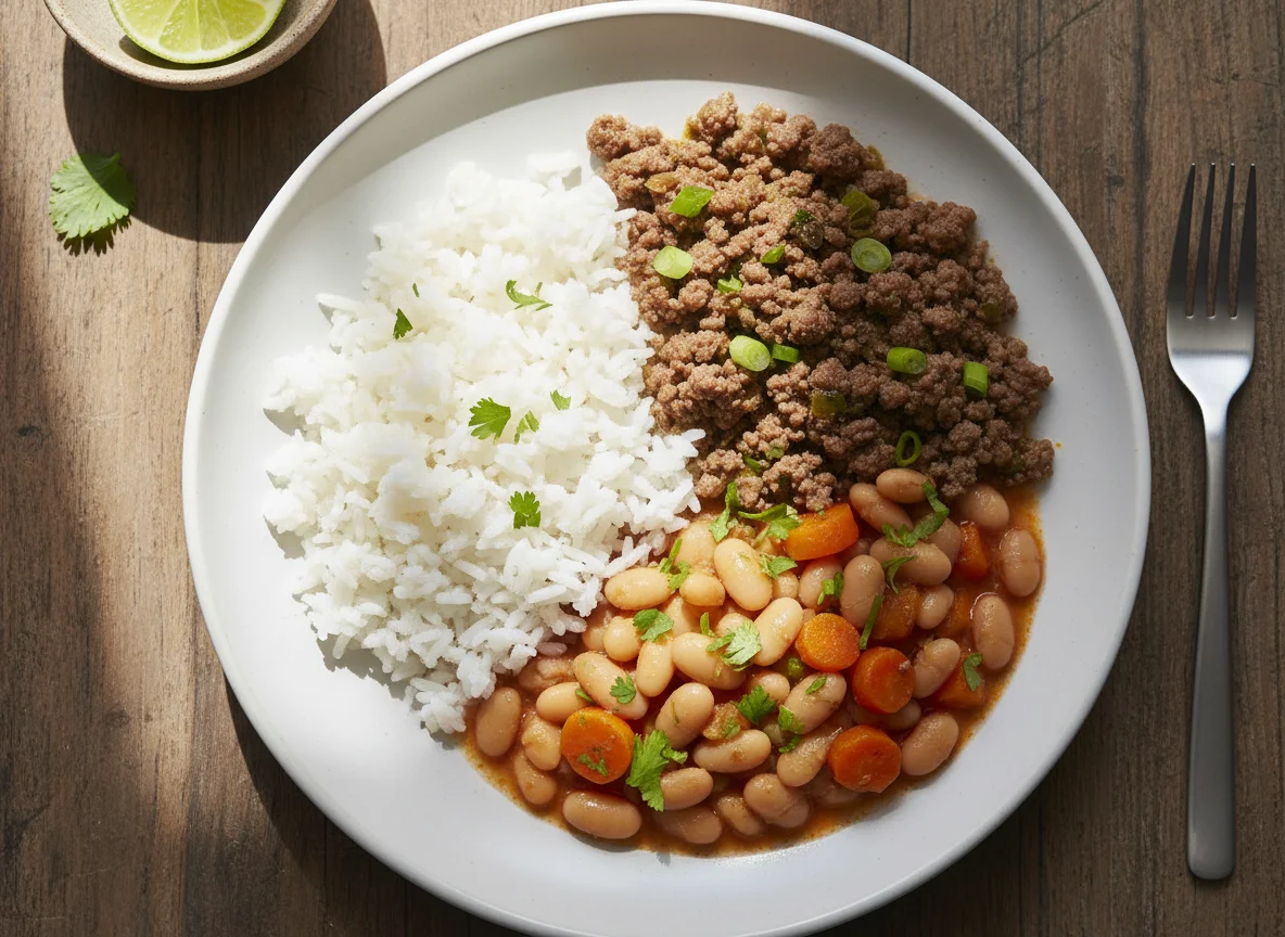 Arroz com carne moída, feijão e cenoura photo