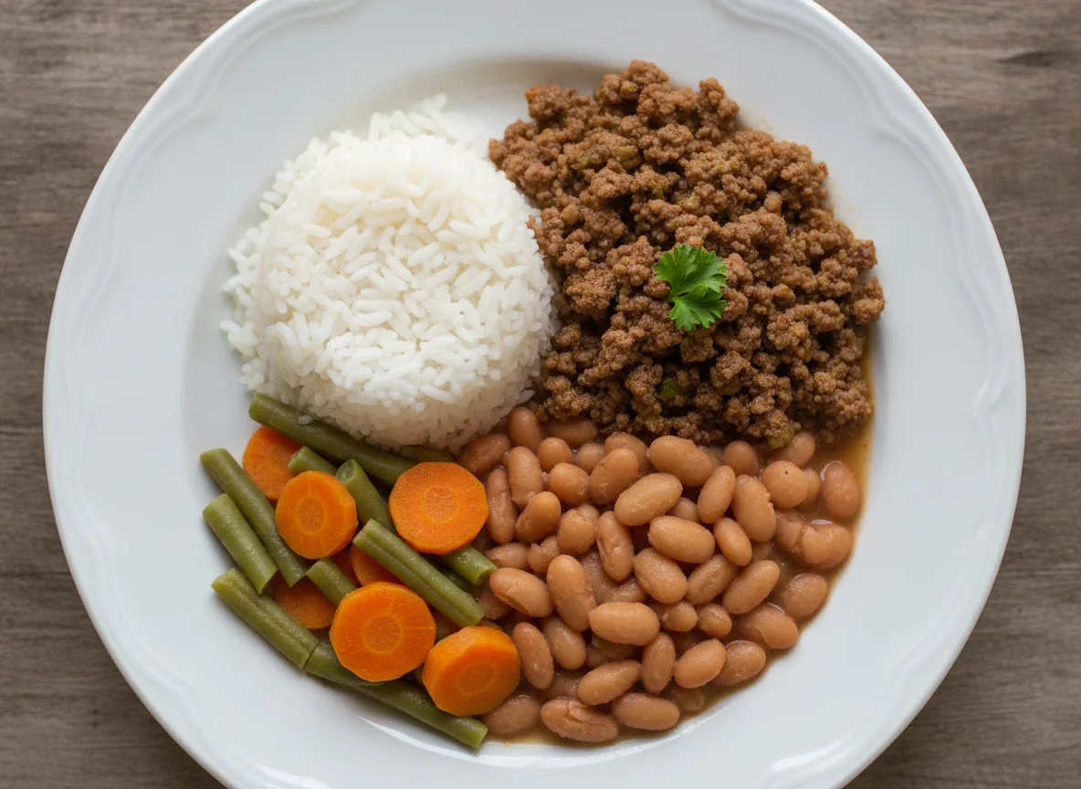 Arroz com carne moída, feijão e legumes photo