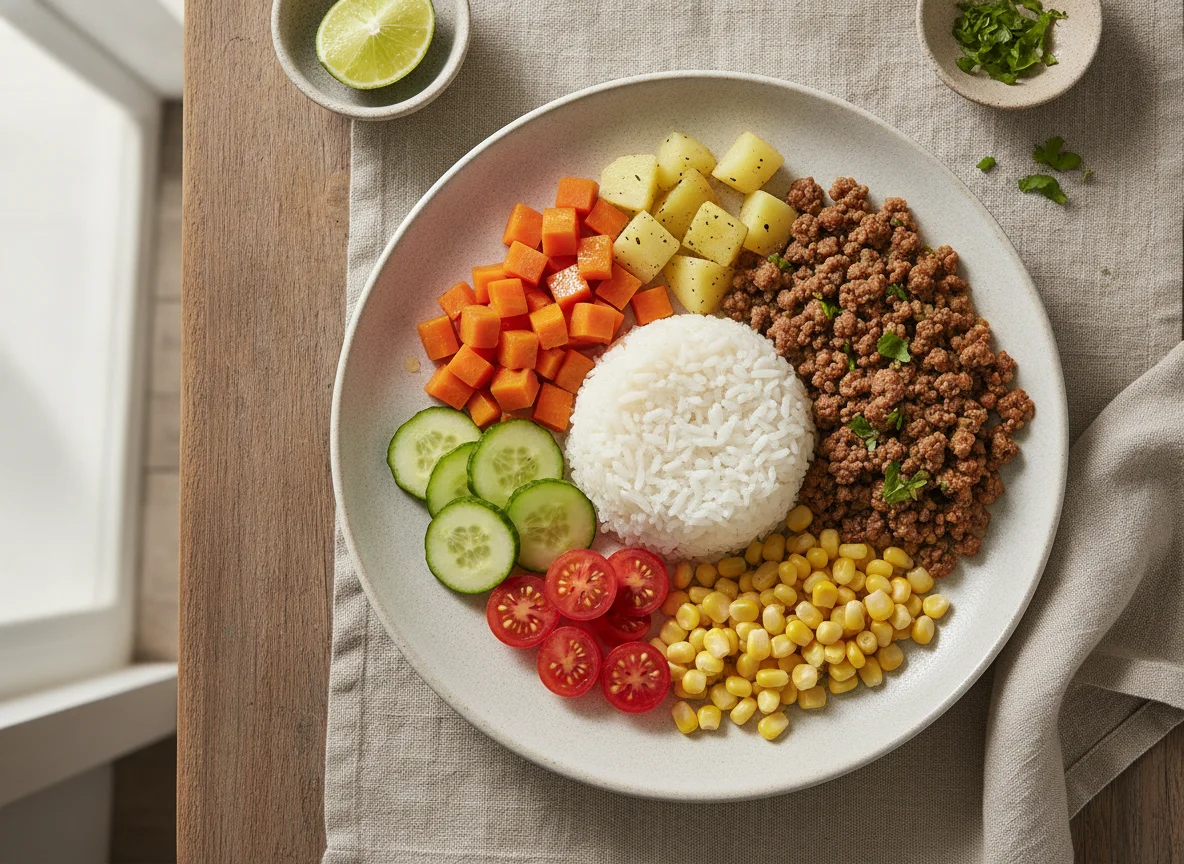 Arroz com carne moída, legumes e salada photo