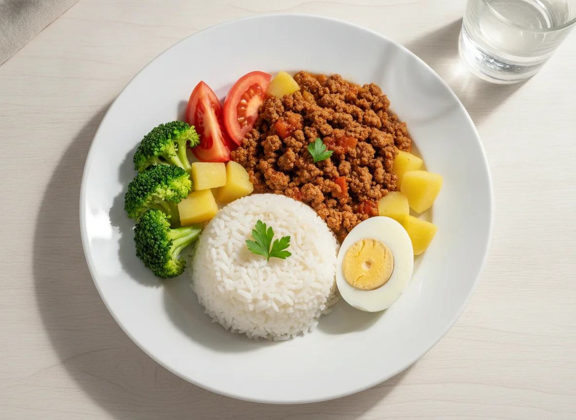 Arroz com carne moída, ovo, brócolis e tomate photo