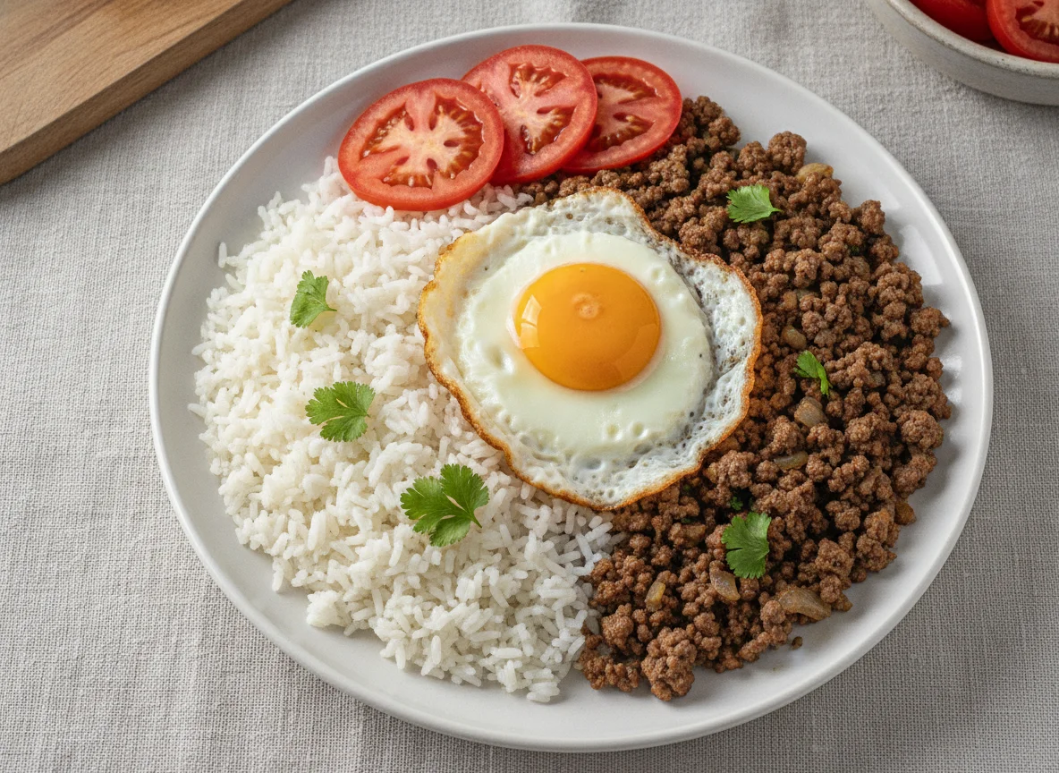Arroz com carne moída, ovo frito e tomate photo