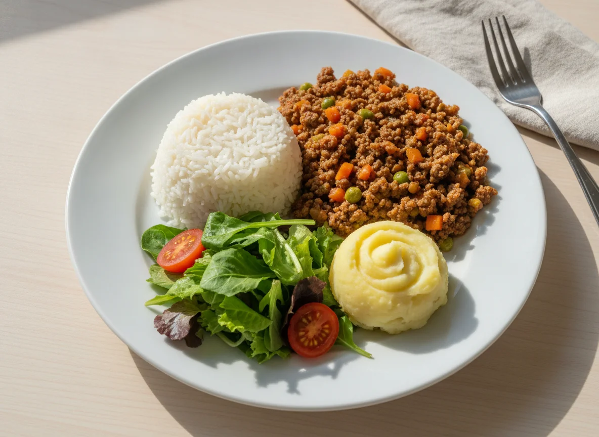 Arroz com carne moída, purê de batata e salada photo