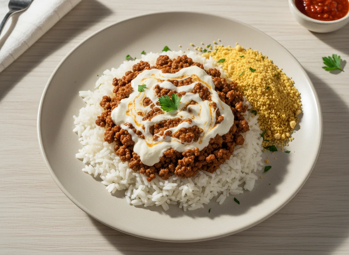 Arroz com carne moída, queijo e farofa photo