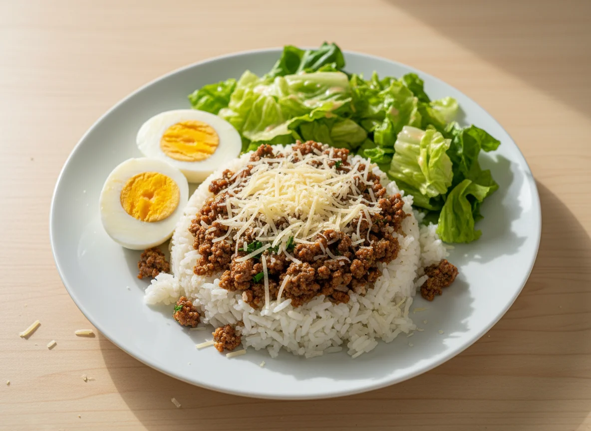 Arroz com carne moída, queijo e salada photo