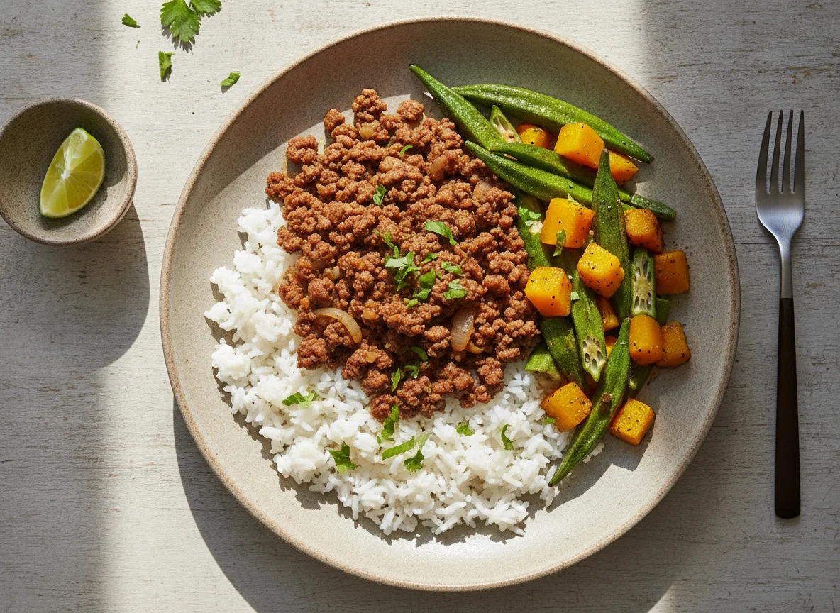 Arroz com carne moída, quiabo e abóbora photo