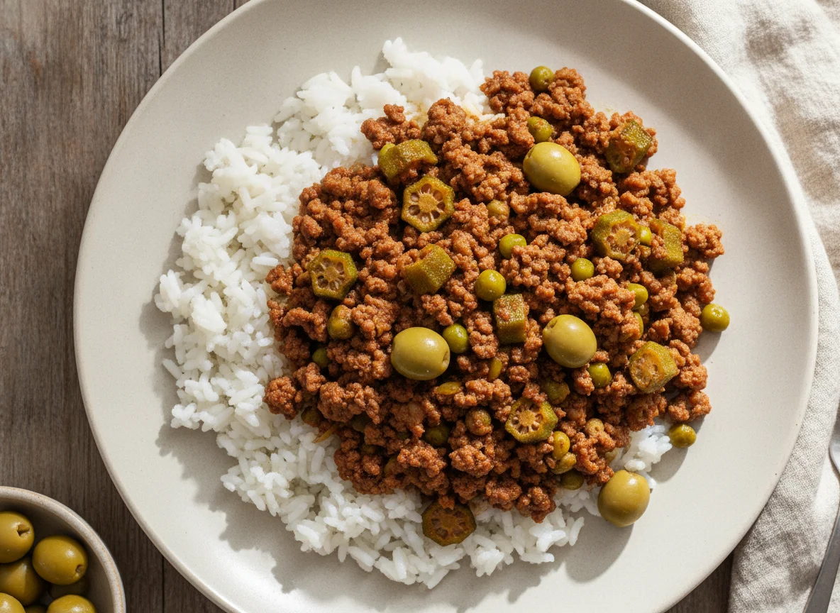 Arroz com Carne Moída, Quiabo e Azeitonas photo