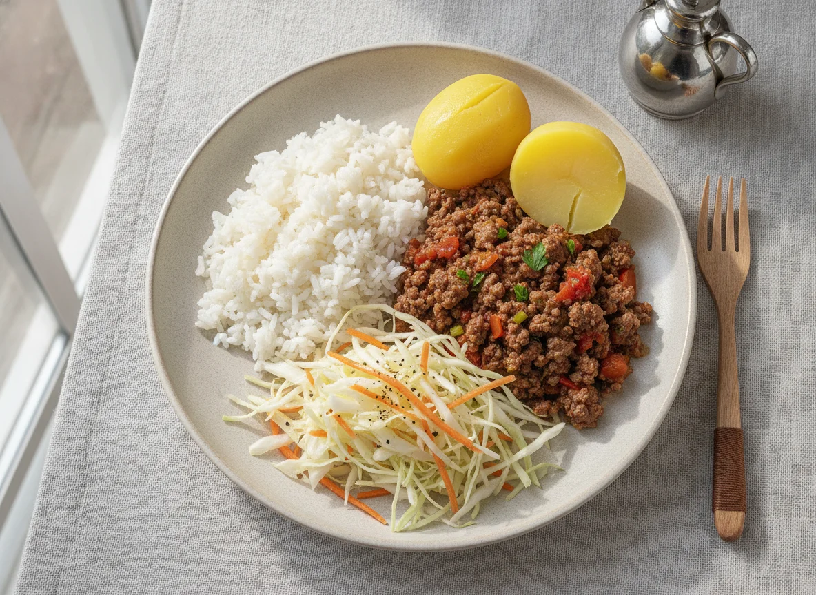 Arroz com Carne Moída, Salada de Repolho e Batata Cozida photo