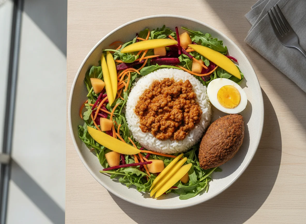 Arroz com Carne, Ovo Cozido e Salada Variada photo
