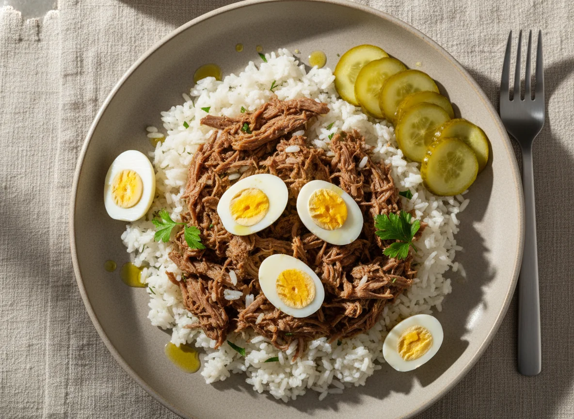 Arroz com carne, ovos de codorna e pepinos em conserva photo