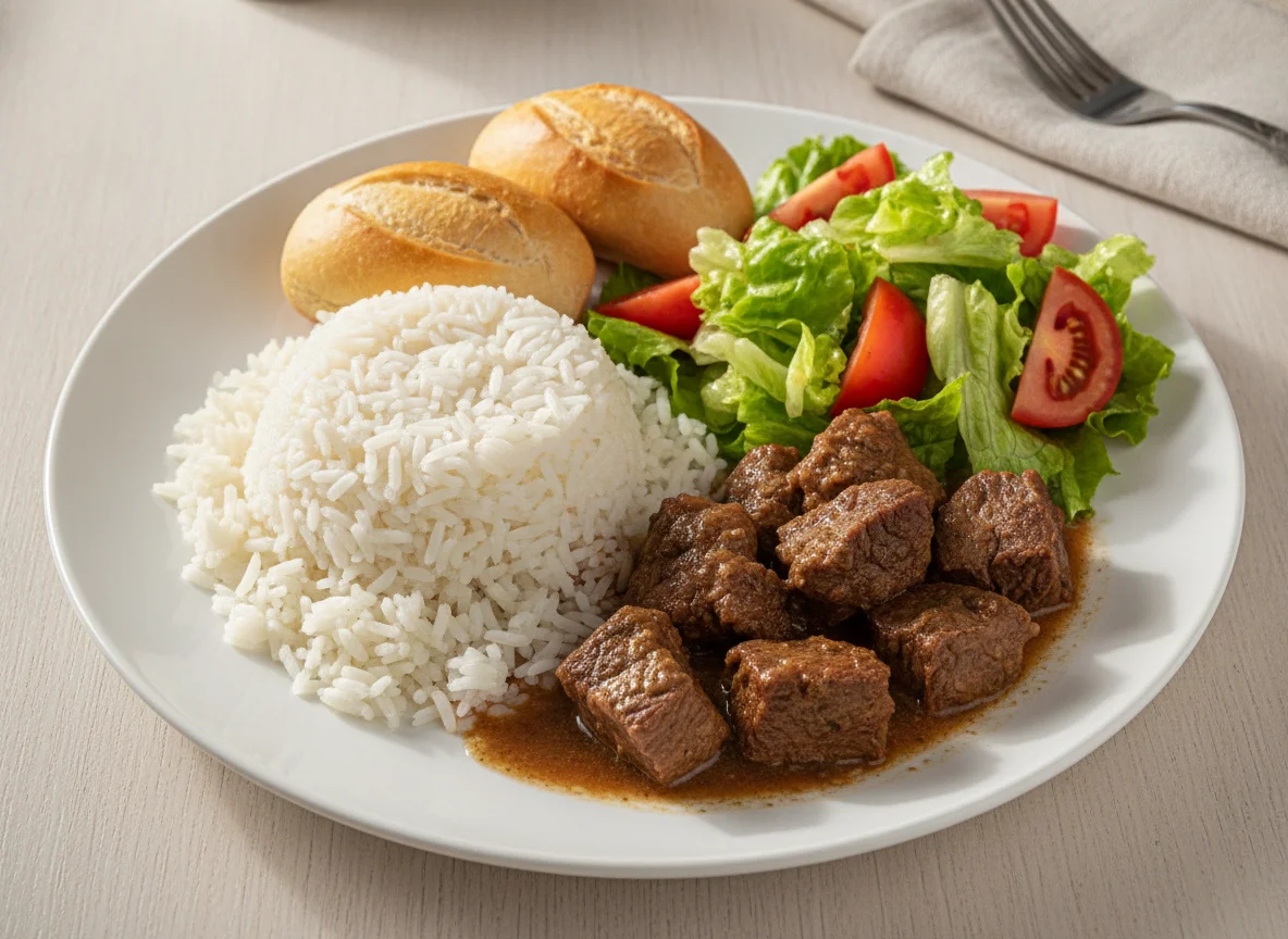 Arroz com Carne, Pão Francês e Salada photo