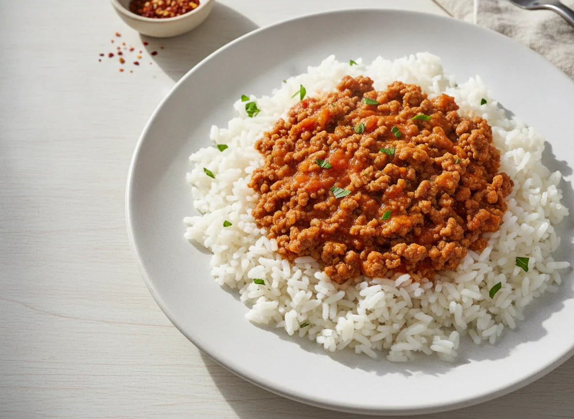 Arroz com carne picada e molho photo