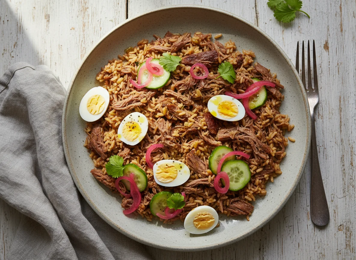 Arroz com carne, picles e ovos de codorna photo