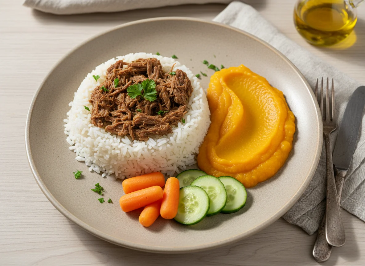 Arroz com carne, purê de abóbora e vegetais photo