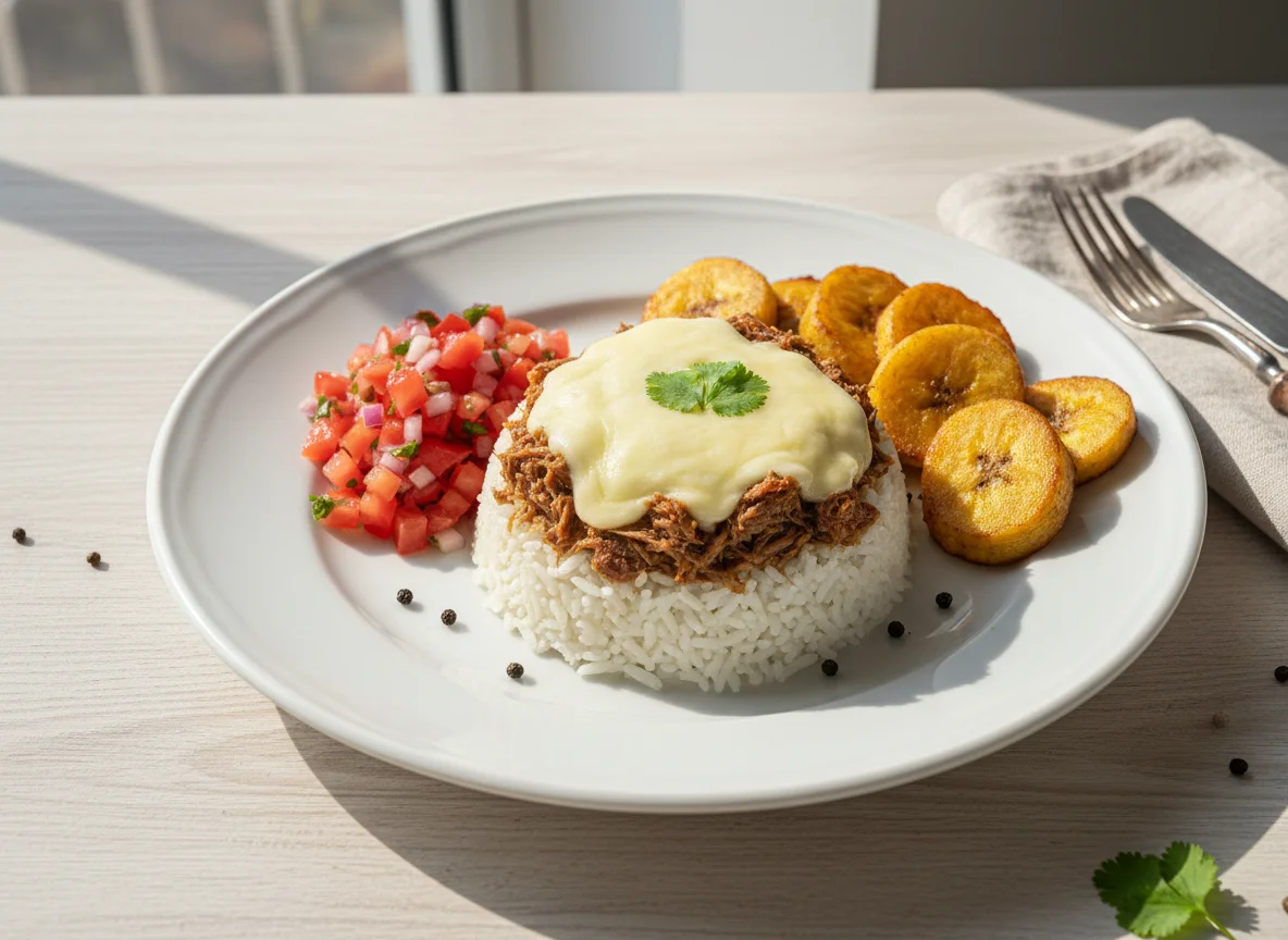 Arroz com carne, queijo, vinagrete e banana frita photo
