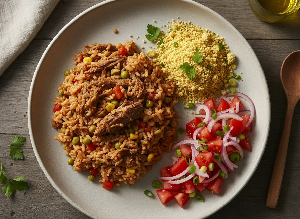 Arroz com carne, tomate picado e farofa photo
