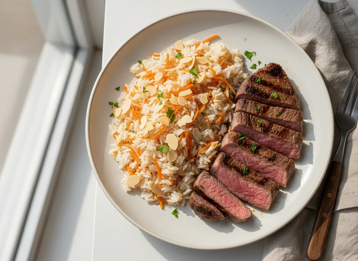 Arroz com cenoura e amêndoas, e carne photo