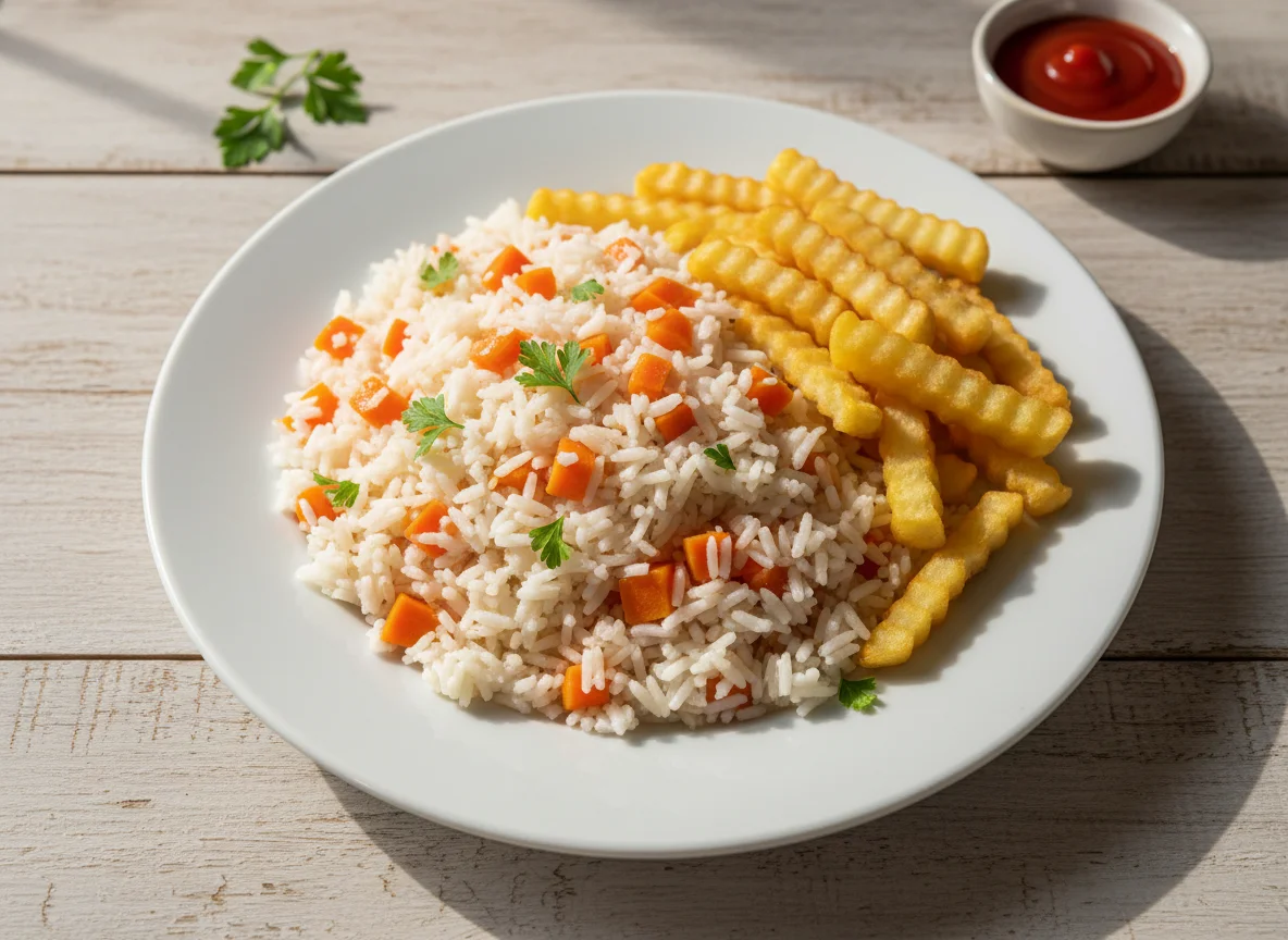 Arroz com cenoura e batatas fritas photo