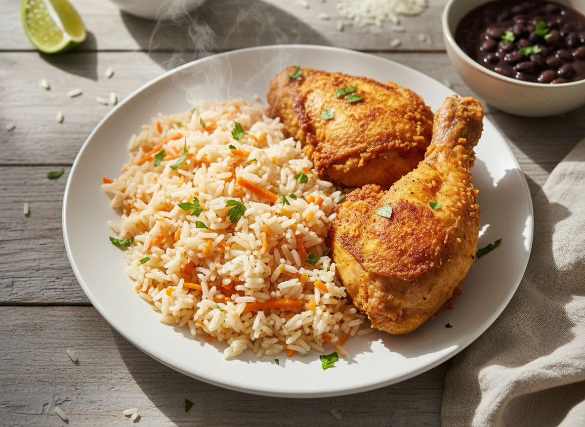 Arroz com cenoura e frango frito photo