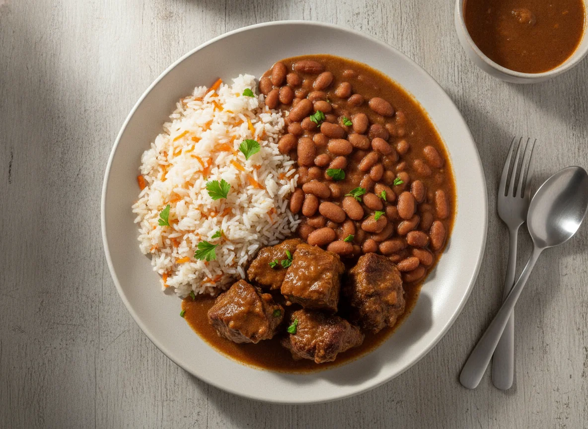 Arroz com cenoura, feijão carioca e carne de panela photo