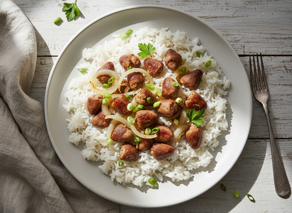 Arroz com corações de frango e cebola photo